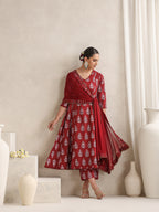 Floral Printed V-Neck A-Line Pure Cotton Kurta with Palazzos & With Dupatta