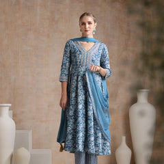 Ethnic Motifs Printed V-Neck Anarkali Pure Cotton Kurta With Trousers & Dupatta
