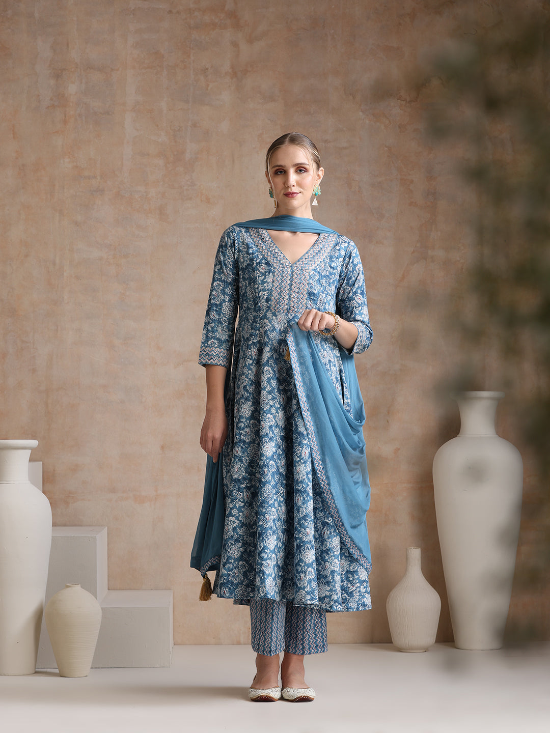 Ethnic Motifs Printed V-Neck Anarkali Pure Cotton Kurta With Trousers & Dupatta