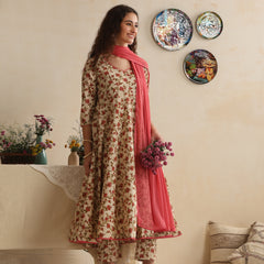 Khushal K Women Floral Cream Printed Regular Pure Cotton Kurta & Palazzo With Dupatta