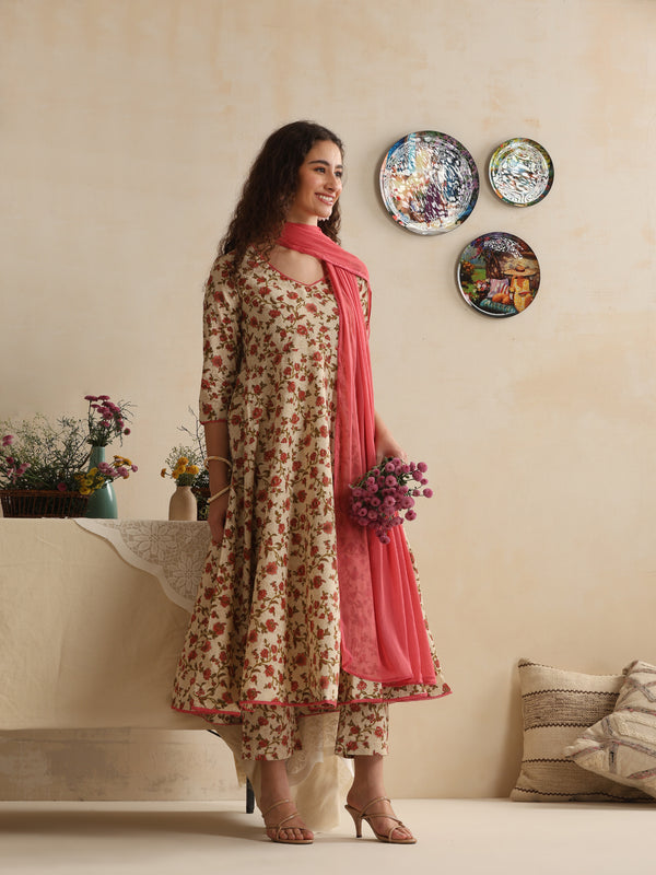 Khushal K Women Floral Cream Printed Regular Pure Cotton Kurta & Palazzo With Dupatta
