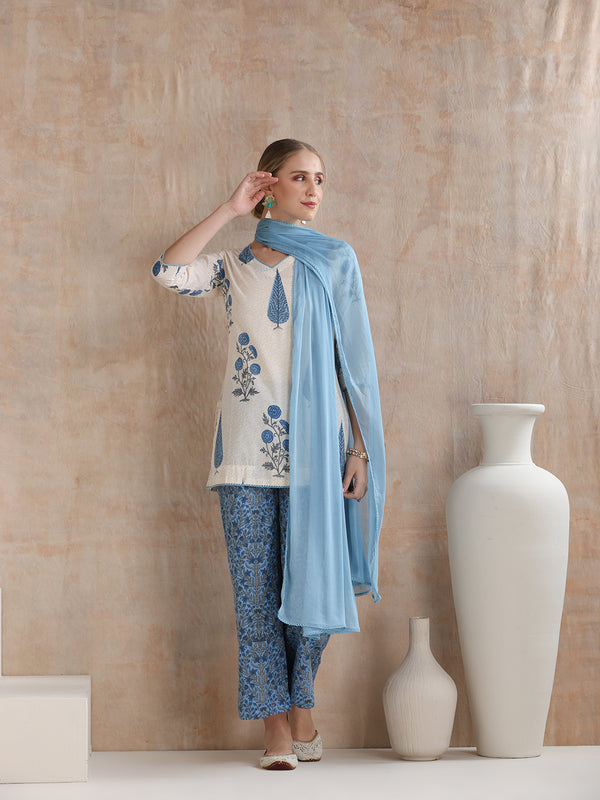Floral Printed V-Neck Pure Cotton Straight Kurti with Trousers & With Dupatta