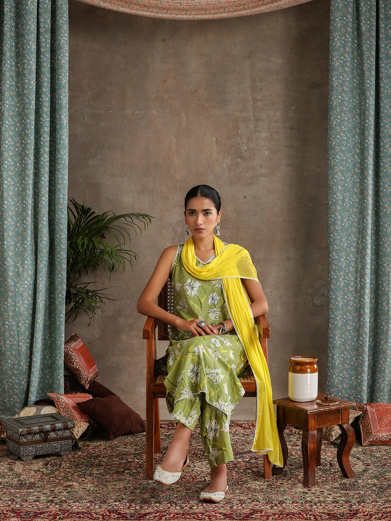 Floral Printed V-Neck Pure Cotton Straight Kurta With Palazzo & Dupatta