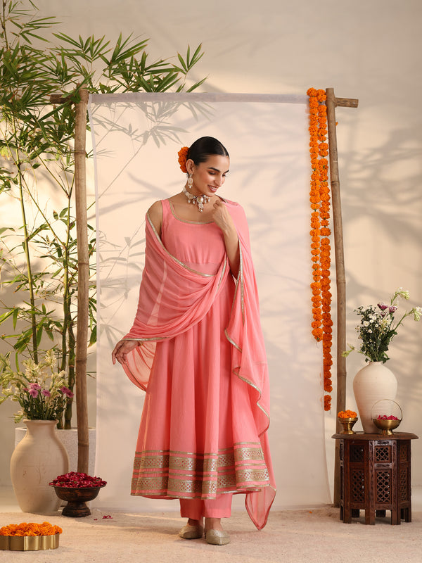 Khushal K Women Cotton Kurta and Palazzo With Dupatta Set - Pink