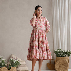 Women Floral Print Puff Sleeve A-Line Midi Dress