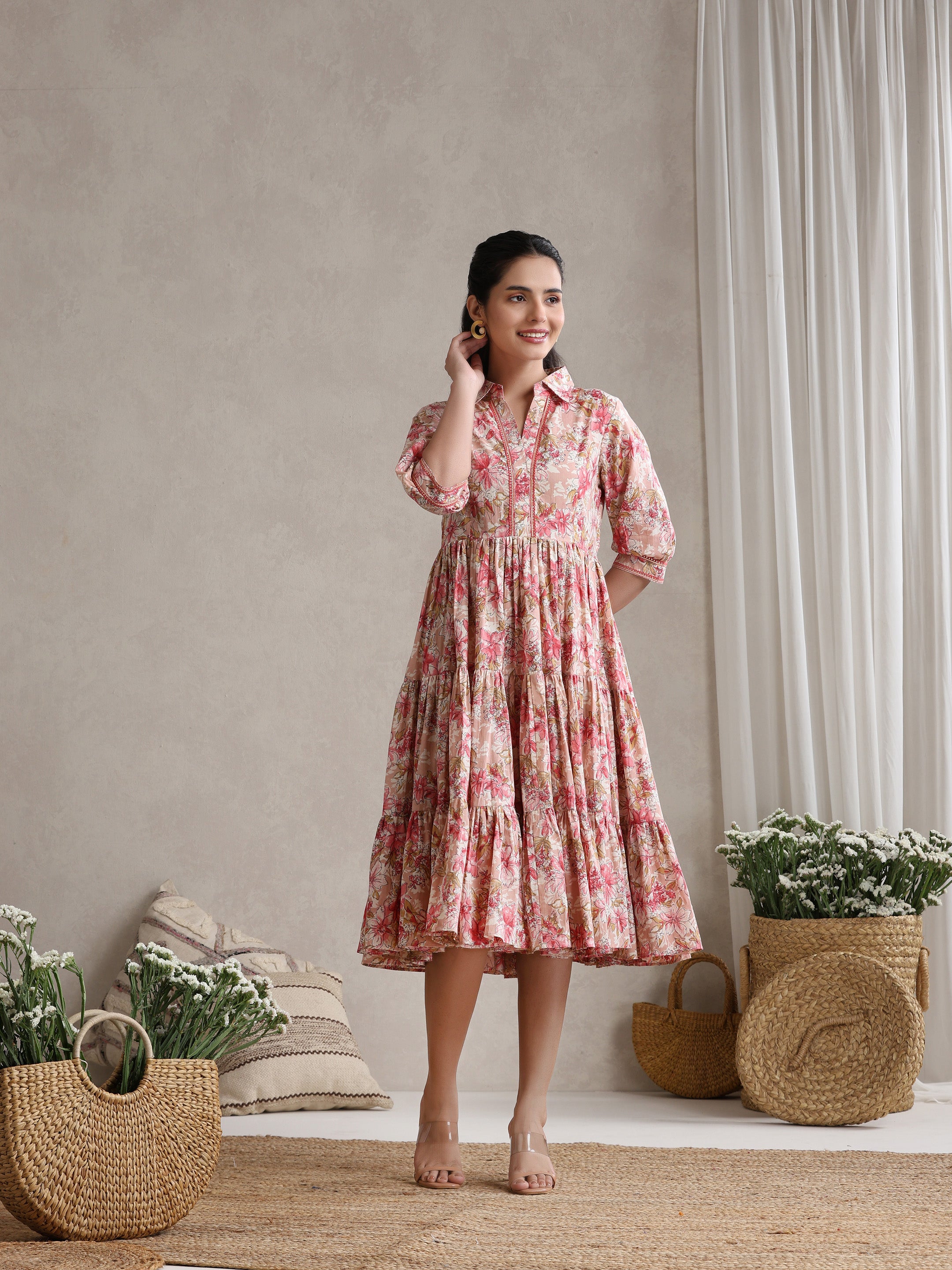 Women Floral Print Puff Sleeve A-Line Midi Dress