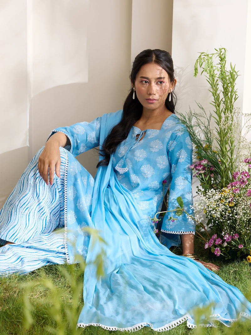 Khushal K Women Cotton Kurti And Farshi Salwar  With Dupatta Set - Blue