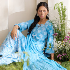 Khushal K Women Cotton Kurti And Farshi Salwar  With Dupatta Set - Blue