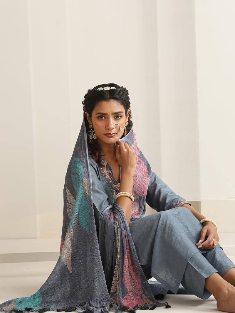 Khushal K Women Pure Silk grey Embroidered Kurta & Palazzo With Dupatta