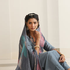 Khushal K Women Pure Silk grey Embroidered Kurta & Palazzo With Dupatta