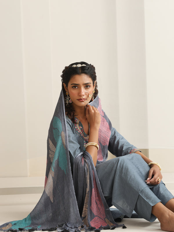 Khushal K Women Pure Silk grey Embroidered Kurta & Palazzo With Dupatta