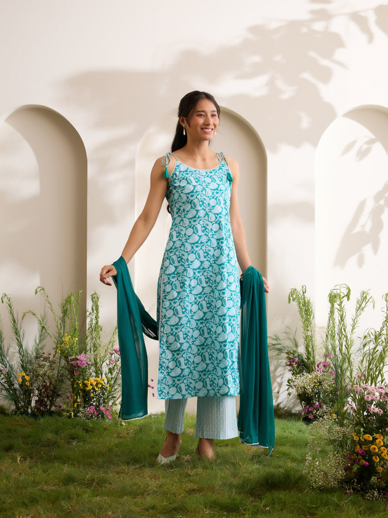 Khushal K Women Cotton Kurta And Palazzo With Dupatta Set - Green