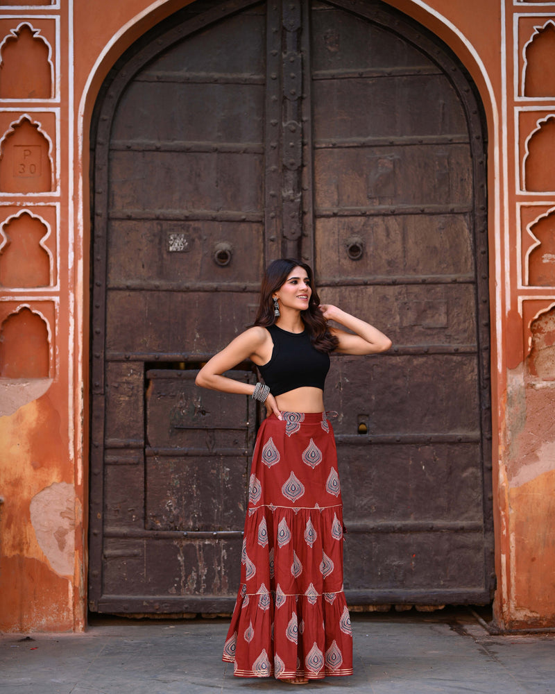 Khushal K Women's Rust Printed Cotton Flared Maxi Skirt