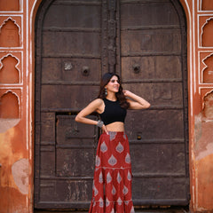 Khushal K Women's Rust Printed Cotton Flared Maxi Skirt