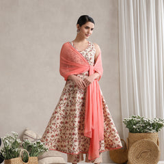 Women Cream Floral Printed Angrakha Pure Cotton Kurta with Palazzos & Dupatta