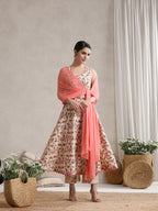 Women Cream Floral Printed Angrakha Pure Cotton Kurta with Palazzos & Dupatta