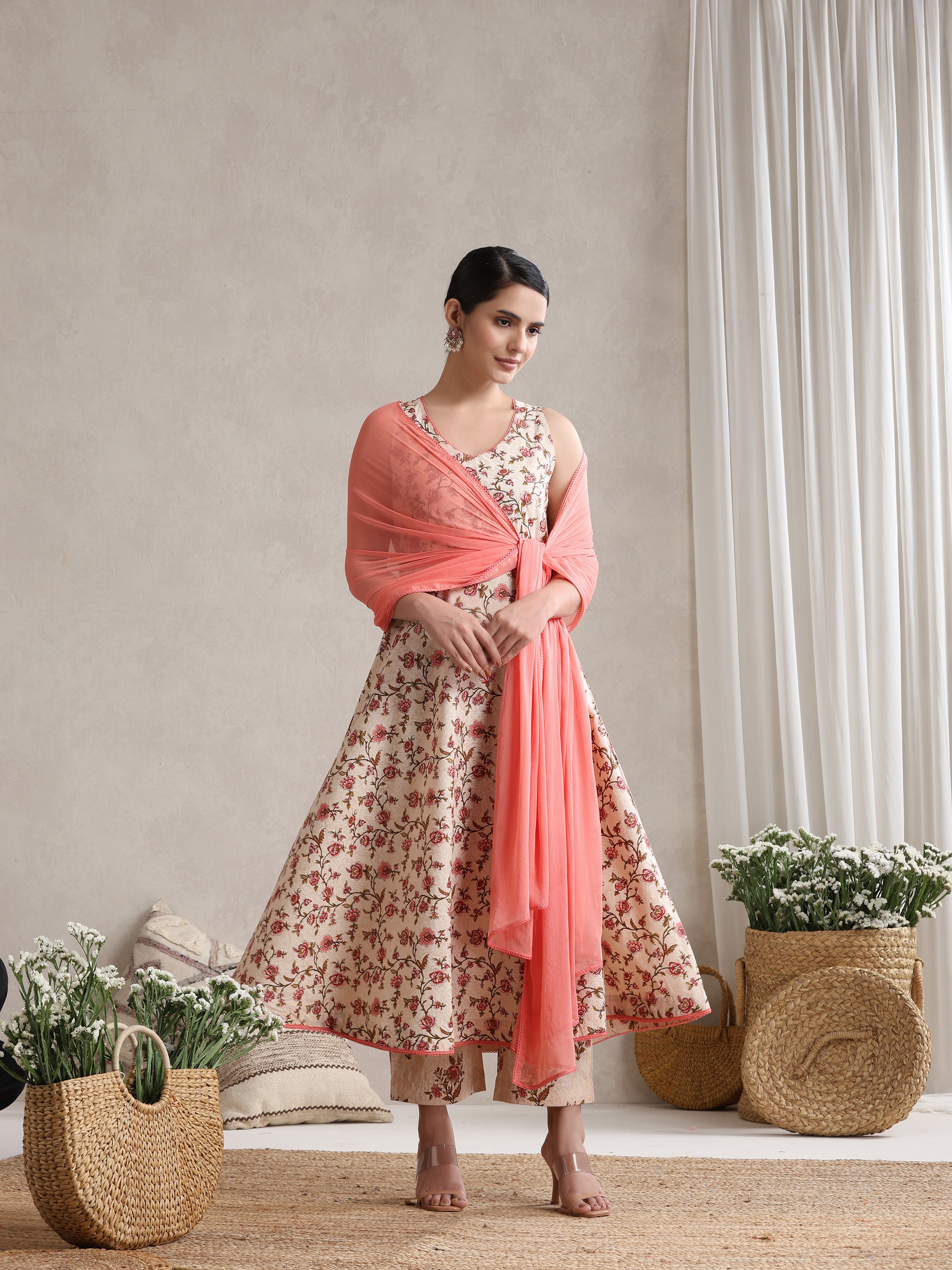 Women Cream Floral Printed Angrakha Pure Cotton Kurta with Palazzos & Dupatta