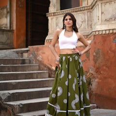 Khushal K Women's Green Printed Cotton Flared Maxi Skirt