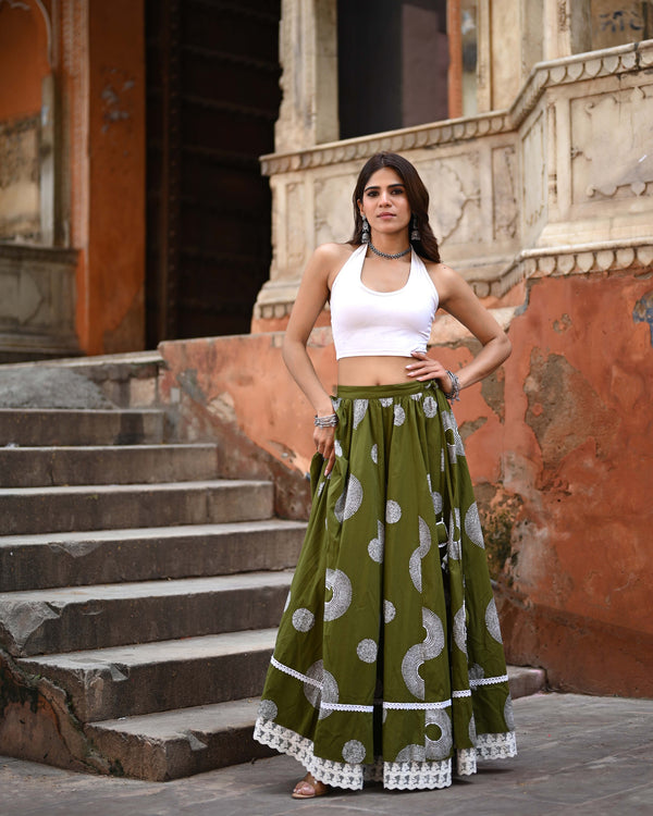 Khushal K Women's Green Printed Cotton Flared Maxi Skirt