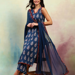 Ethnic Motifs Printed V-Neck Sleeveless Pure Cotton Kurta with Palazzo & Dupatta