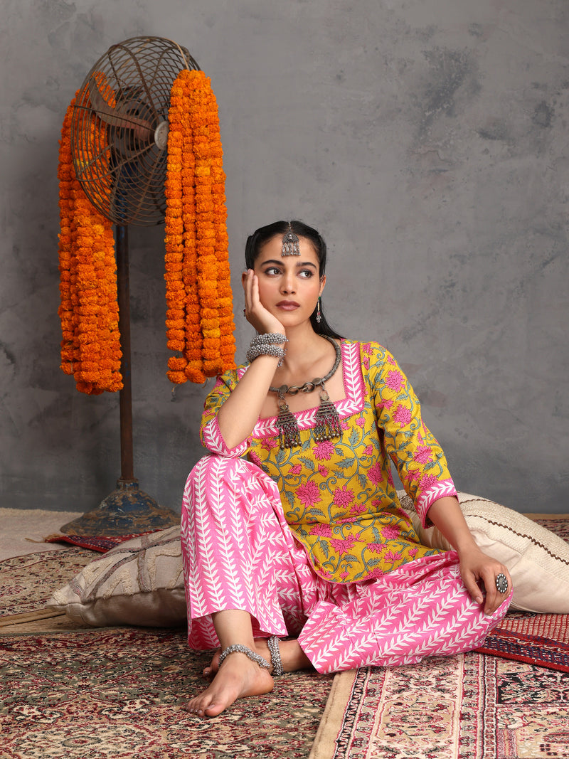 Khushal K Women Cotton Kurta Farsi Salwar Set - Yellow