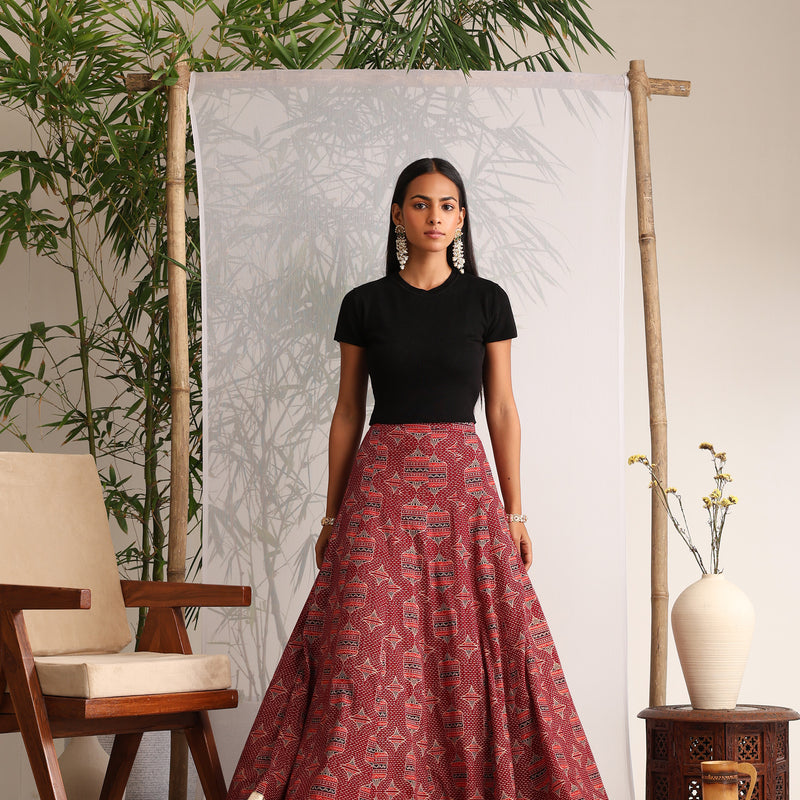 Khushal K Women's Maroon Printed Cotton Flared Maxi Skirt