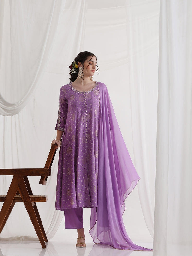 Floral Printed Round Neck Thread Work A-Line Kurta With Trousers & Dupatta