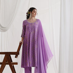 Floral Printed Round Neck Thread Work A-Line Kurta With Trousers & Dupatta