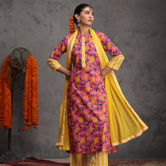 Khushal K Women Cotton Kurta Palazzo Dupatta Set - Pink