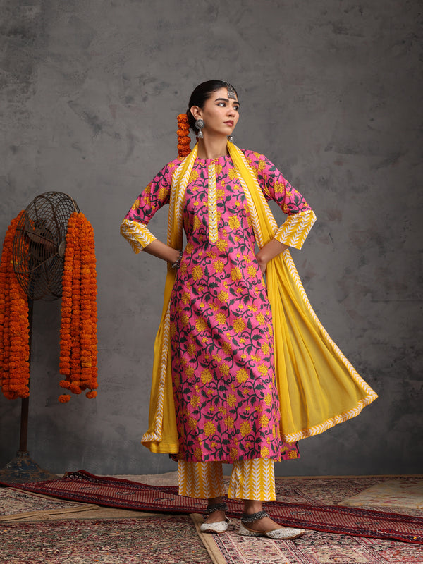 Khushal K Women Cotton Kurta Palazzo Dupatta Set - Pink