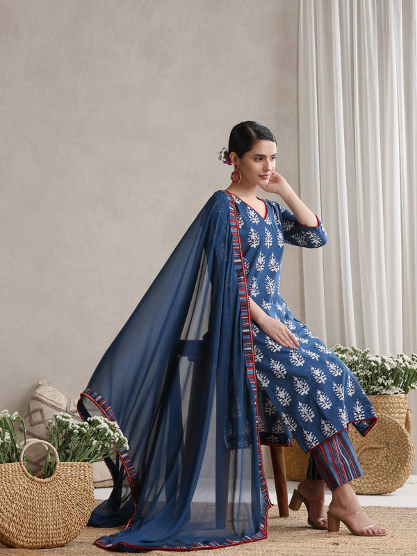 Women Floral Printed Regular Pure Cotton Kurta with Palazzos & With Dupatta