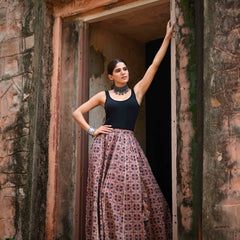 Khushal K Women's Maroon Printed Cotton Flared Maxi Skirt