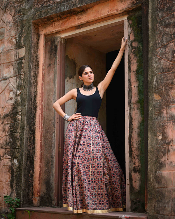 Khushal K Women's Maroon Printed Cotton Flared Maxi Skirt
