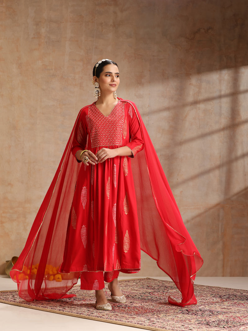 Red & Gold Printed Kurta with Trousers & Dupatta