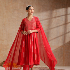 Red & Gold Printed Kurta with Trousers & Dupatta