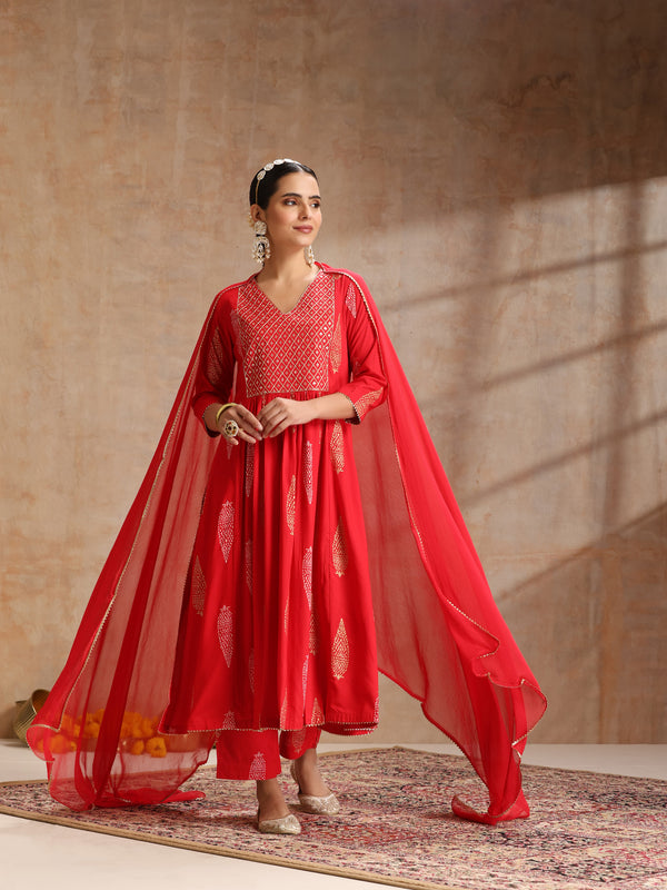 Red & Gold Printed Kurta with Trousers & Dupatta