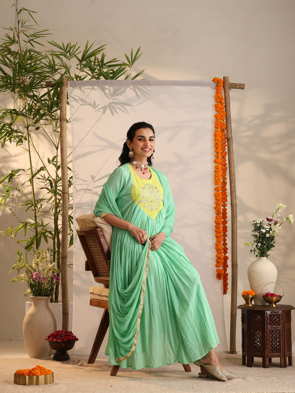 Khushal K Women Cotton Kurta and Palazzo With Dupatta Set - Green