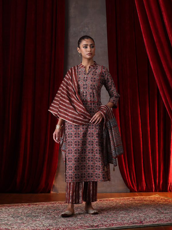 Khushal K Women Cotton kurta and palazzo with dupatta set - Rust