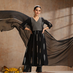 Ethnic Motifs Printed V-Neck Empire A-Line Kurta With Trousers & Dupatta