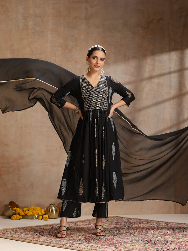 Ethnic Motifs Printed V-Neck Empire A-Line Kurta With Trousers & Dupatta