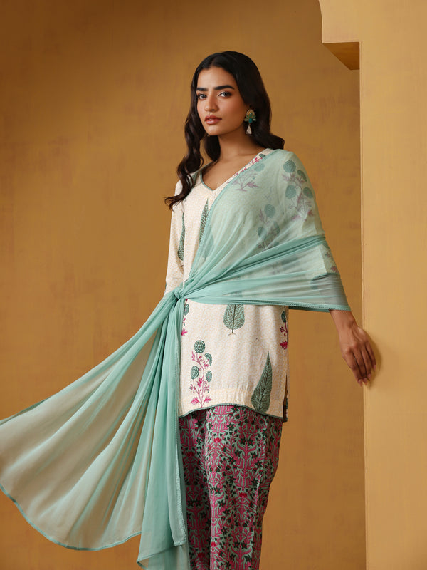 Khushal K Floral Printed V-Neck Pure Cotton Straight Kurta set