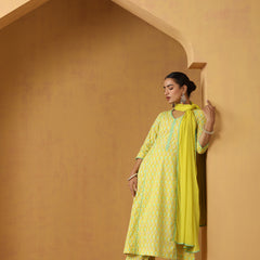 Geometric Printed Pure Cotton Straight Kurta With Palazzo And Dupatta