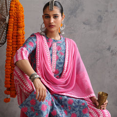 Khushal K Women Cotton Kurta Palazzo Dupatta Set - Blue