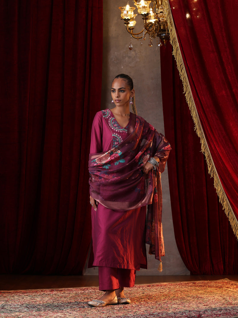 Khushal K Women Pure Silk magenta Embroidered Kurta & Palazzo With Dupatta