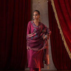 Khushal K Women Pure Silk magenta Embroidered Kurta & Palazzo With Dupatta