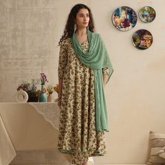 Khushal K Women Floral Printed Regular Pure Cotton Kurta & Palazzo With Dupatta Cream