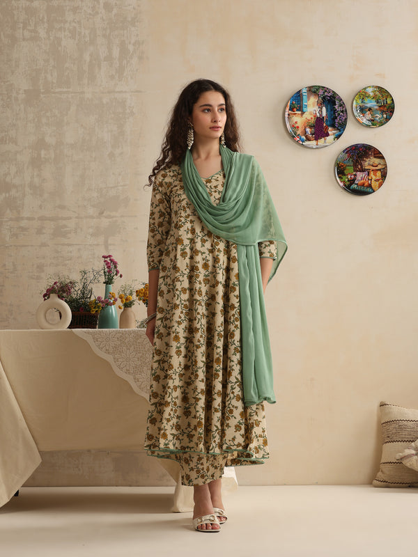 Khushal K Women Floral Printed Regular Pure Cotton Kurta & Palazzo With Dupatta Cream