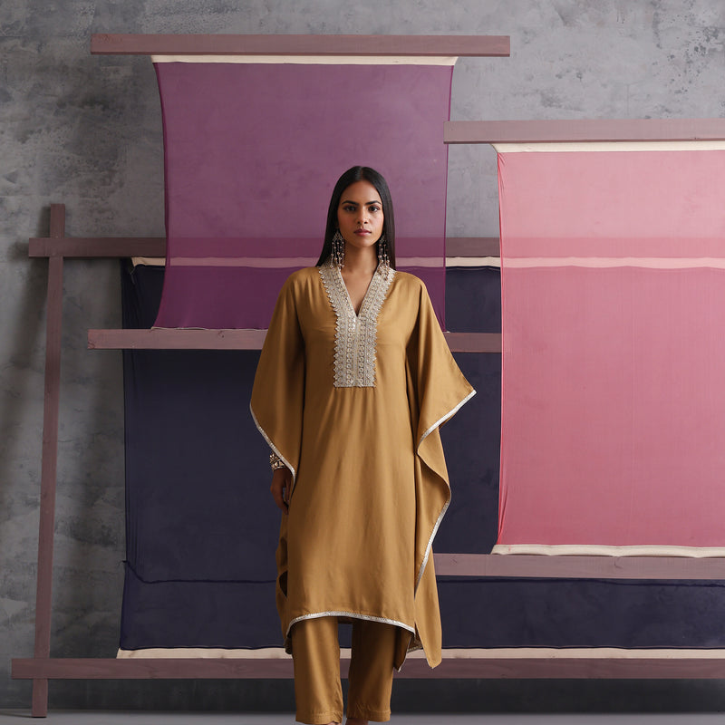 Women Motifs V-Neck Brown Kaftan Set - Khushal K - Image 1