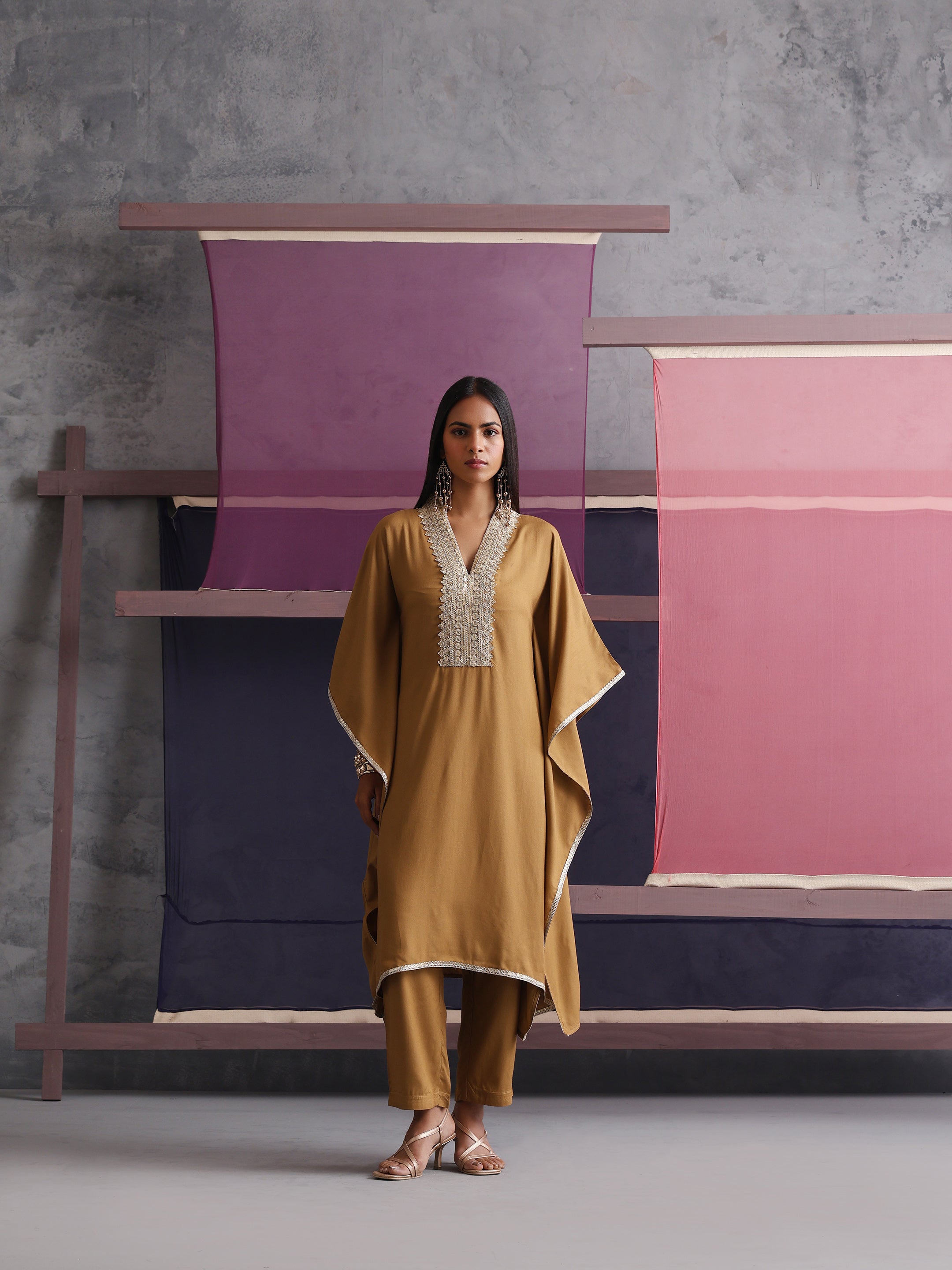 Khushal K Women Motifs V-Neck Brown Kaftan set