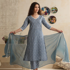 Khushal K Women Blue Floral Printed Regular Pure Cotton Kurta & Palazzo With Dupatta